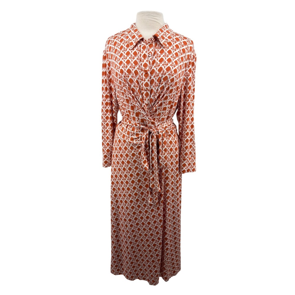 Diane von Furstenberg Geometric Maxi Dress sz XL 16 Orange White Long Sleeve Tie